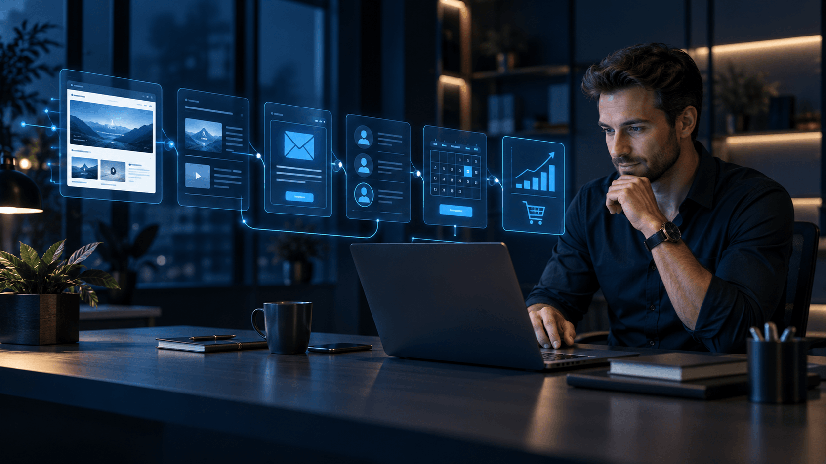 En mand arbejder med et samlet digitalt system til indhold, e-mail, kunder, booking og salg