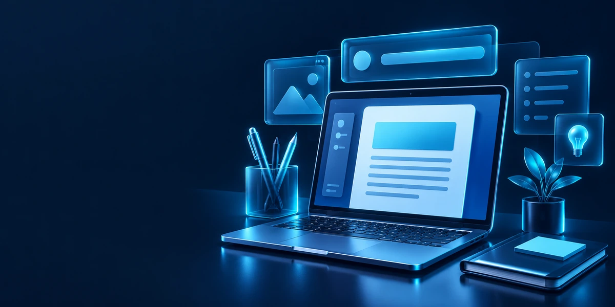 WordPress til online markedsføring med laptop, blogindlæg og en tydelig artikelstruktur.
