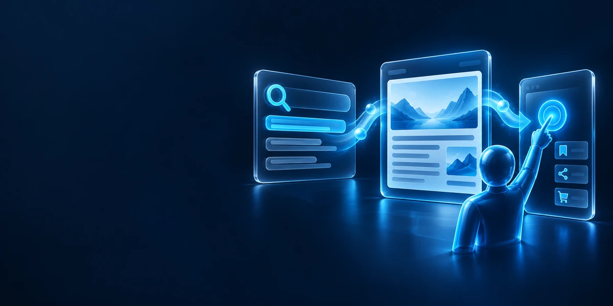 En blog til online markedsføring med forbindelse fra søgning til artikel og relevant handling.