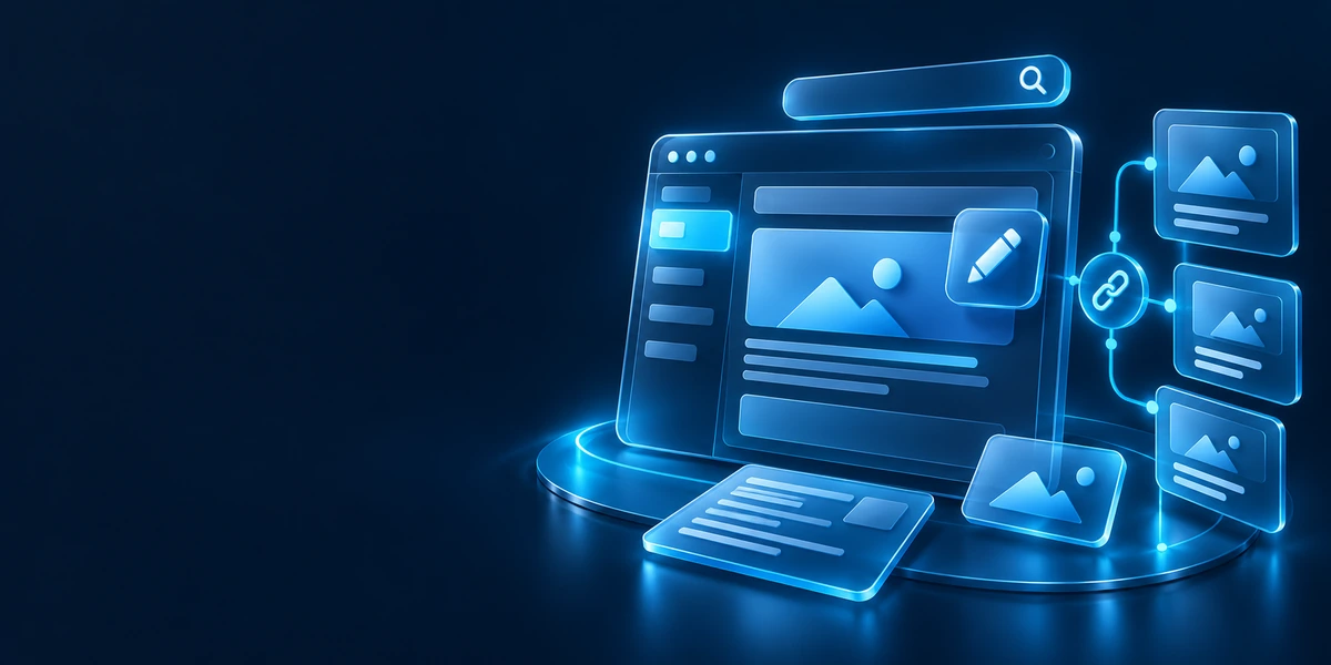 En blog til online markedsføring i WordPress med redigering og indholdspaneler.