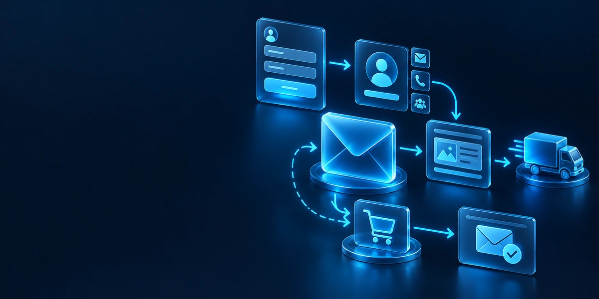 E-mailmarketingstrategi med formular, kontaktkort, levering og opfølgende mails.
