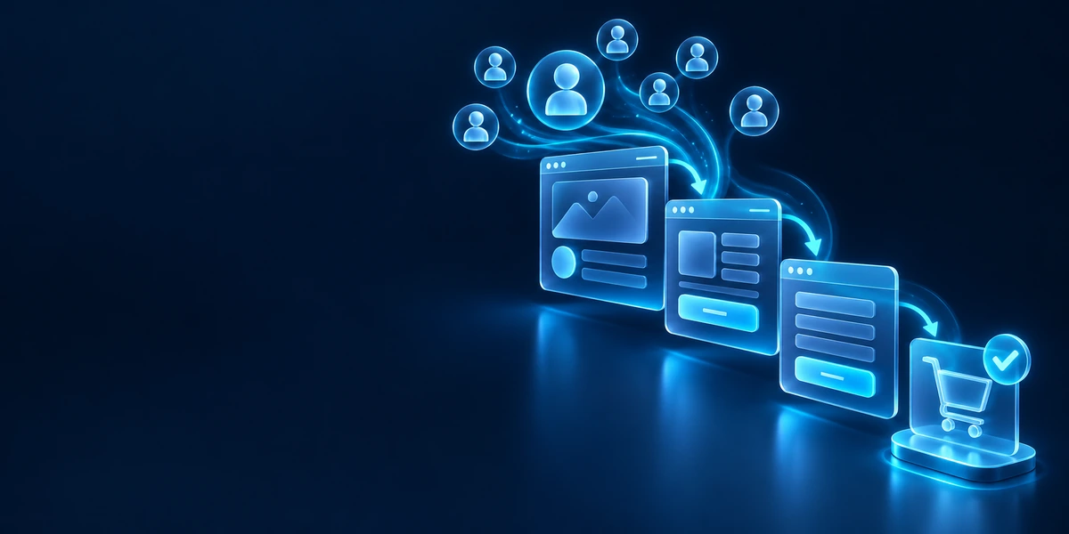 Funnel til online markedsføring: Fra interesse til køb Funnel til online markedsføring med forbundne trin fra interesse til tilmelding og køb.