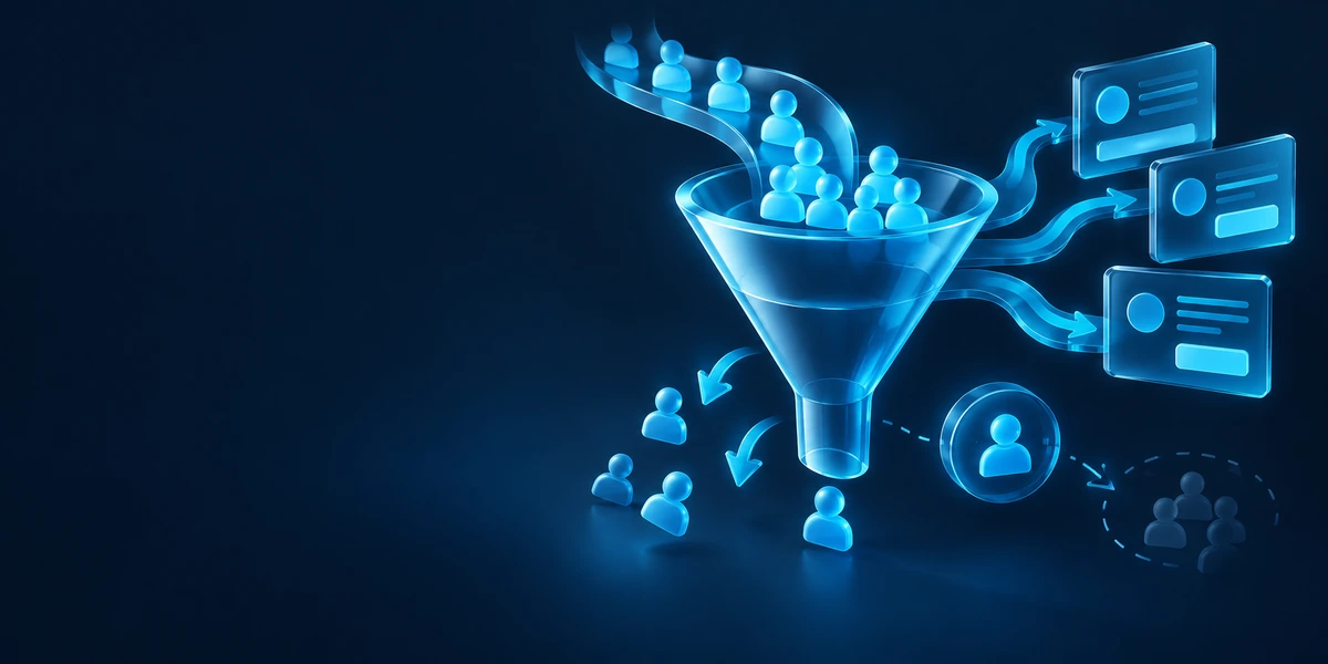 Funnel til online markedsføring med illustration af kunders vej og mulige brud i forløbet.